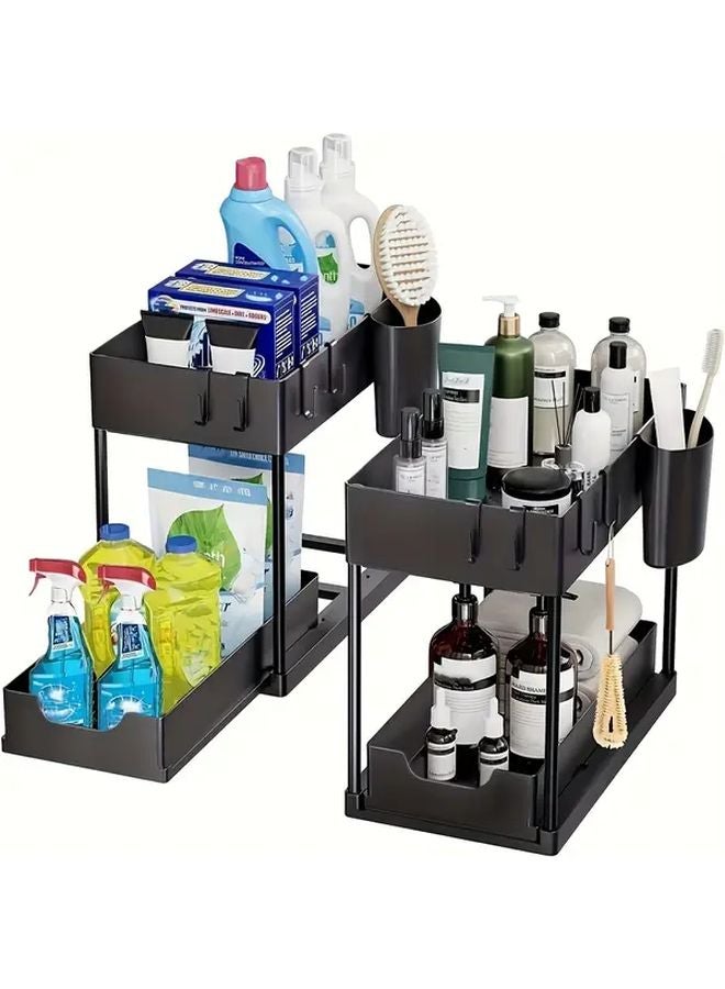 2Pcs Black 2 Tier Pull Out Storage Rack Kitchen Bathroom Organizer Multi Compartment - Image 2